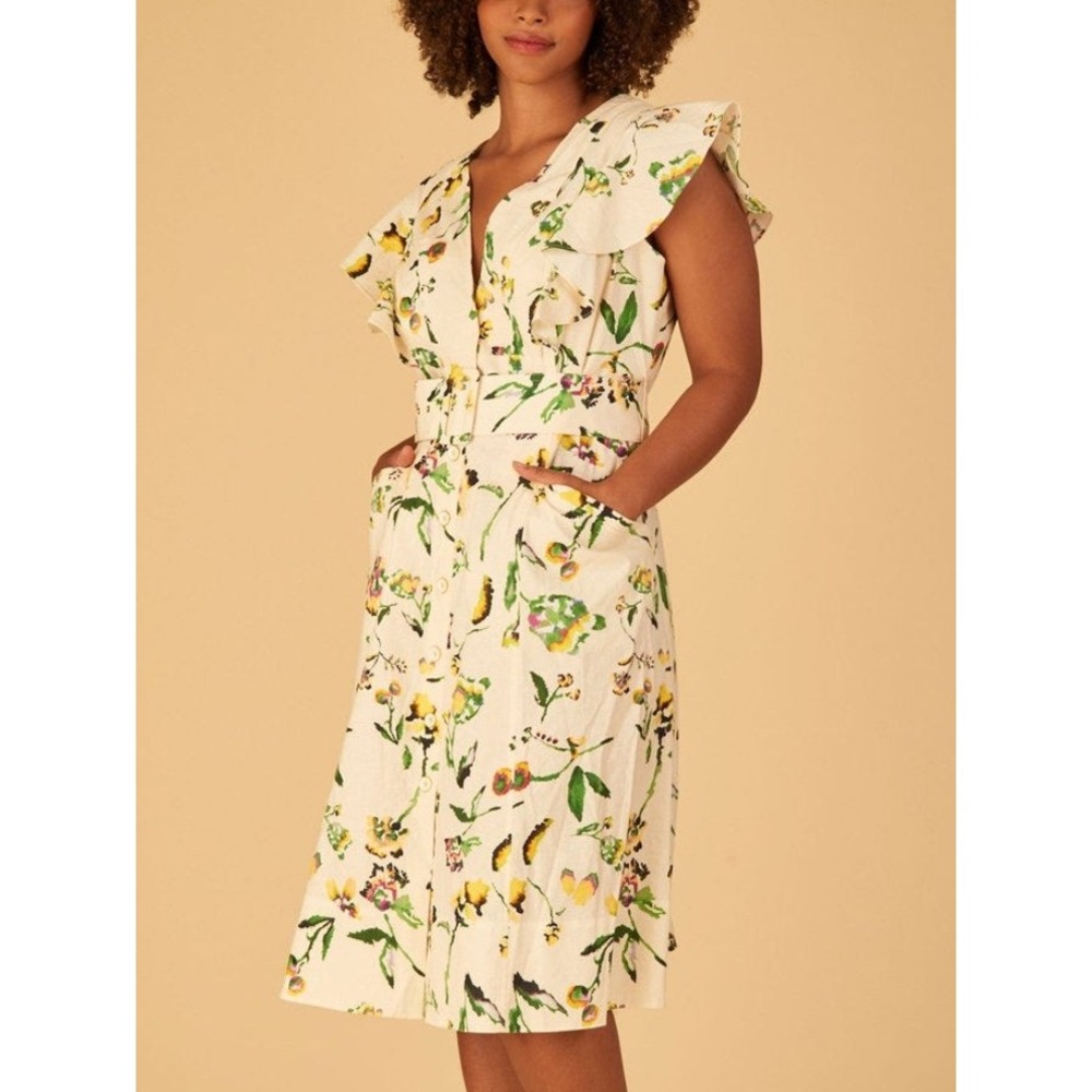 Tanya Taylor Midi Dress Inez Linen Women 8 Off White‎ Floral Cottagecore New